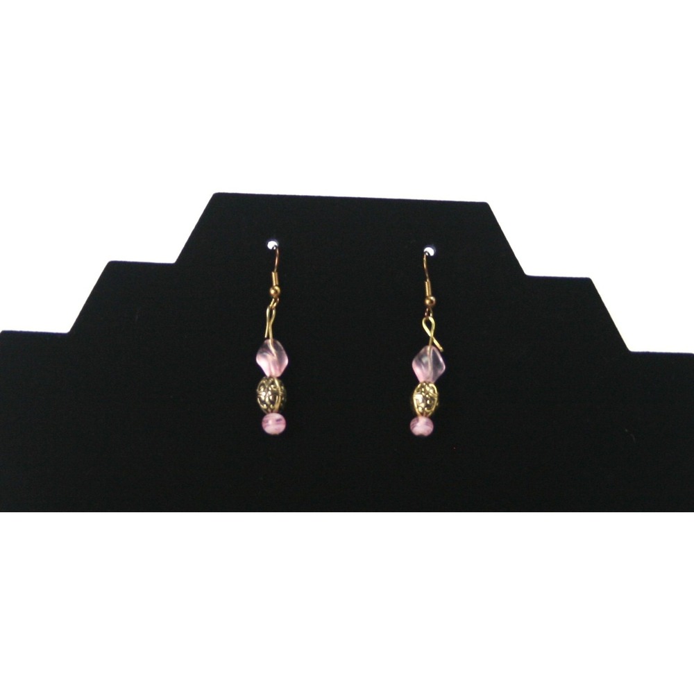 Pink Beaded Dangle Earrings Gold Tone Filigree Boho Drop Earrings 1.5 Inch - Picture 2 of 2